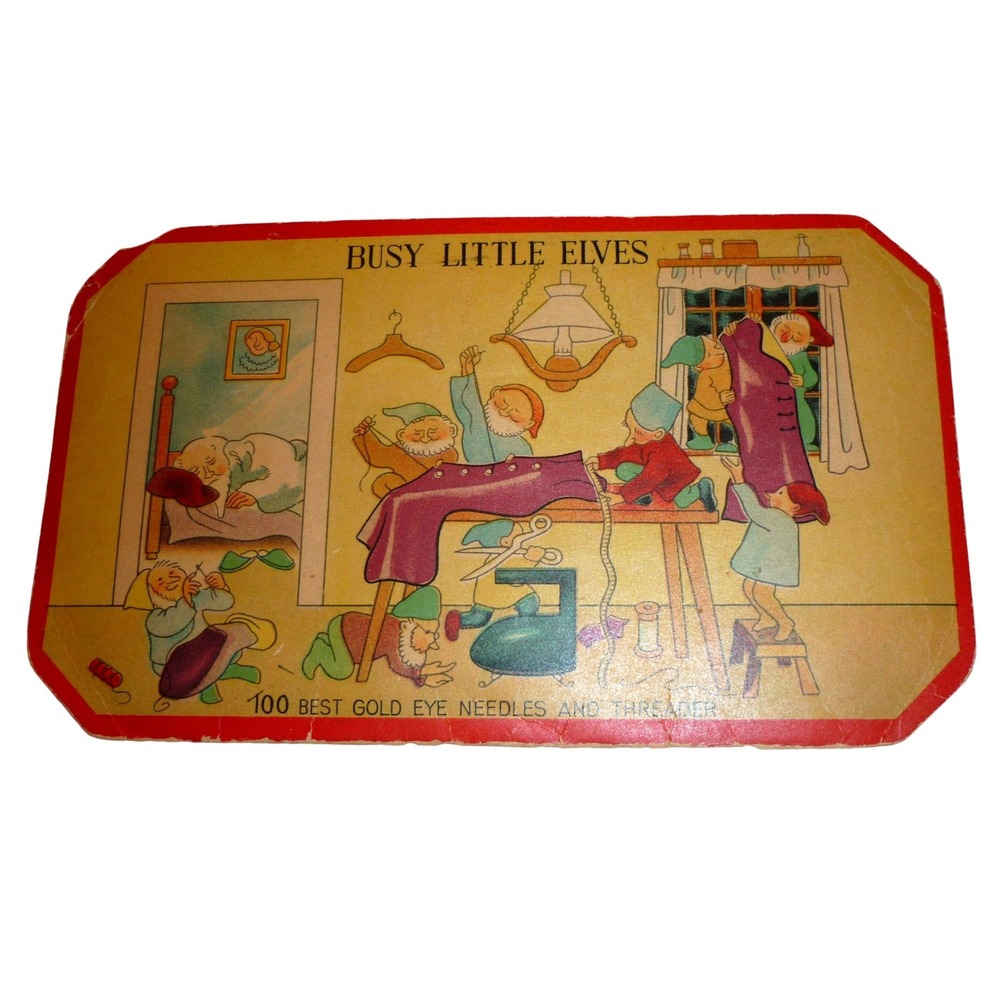 Vintage Busy Little Elves Sewing Needle Book 100 Gold Eye Needles Ephemera